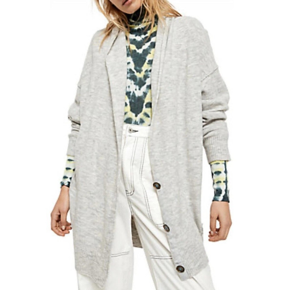 Free People‎ Womens Shawl Collar Button Front Oversized Cardigan Heather Grey S